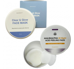 Набір глибокого очищення шкіри Відновлююча маска-антистрес для обличчя та Кислотні пілінг-педи для обличчя MODAY AHA/BHA/PHA 50 мл + 60 педів