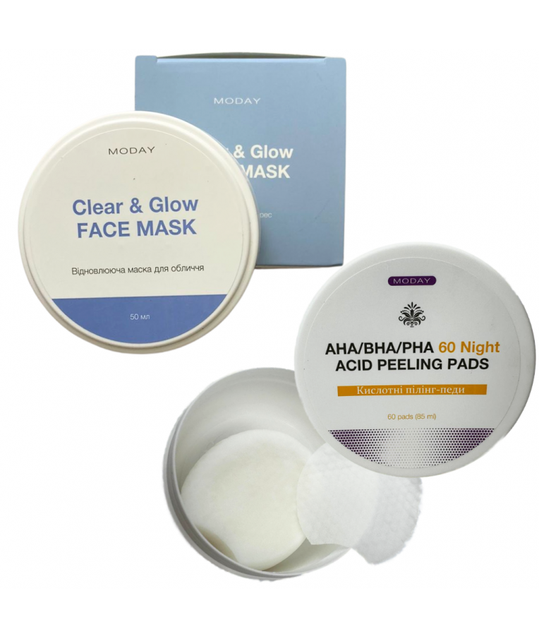 Набір глибокого очищення шкіри Відновлююча маска-антистрес для обличчя та Кислотні пілінг-педи для обличчя MODAY AHA/BHA/PHA 50 мл + 60 педів
